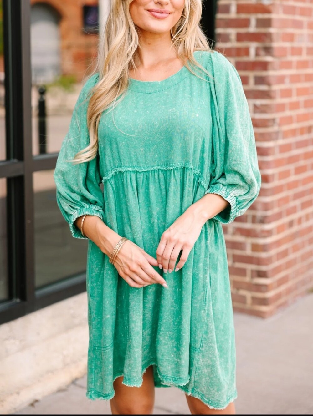 NWT Umgee Taking It Easy Babydoll Dress Green Acid Wash Large Mini - Picture 2 of 10